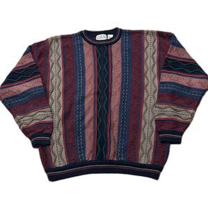 Cotton Traders Sweater Mens Large Vintage Coogi Style 3D Knit 90s Red Blue Tan